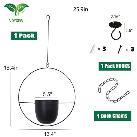Black metal hanging flower pot with circular frame and small ceramic cup perfect for indoor and outdoor hanging planters