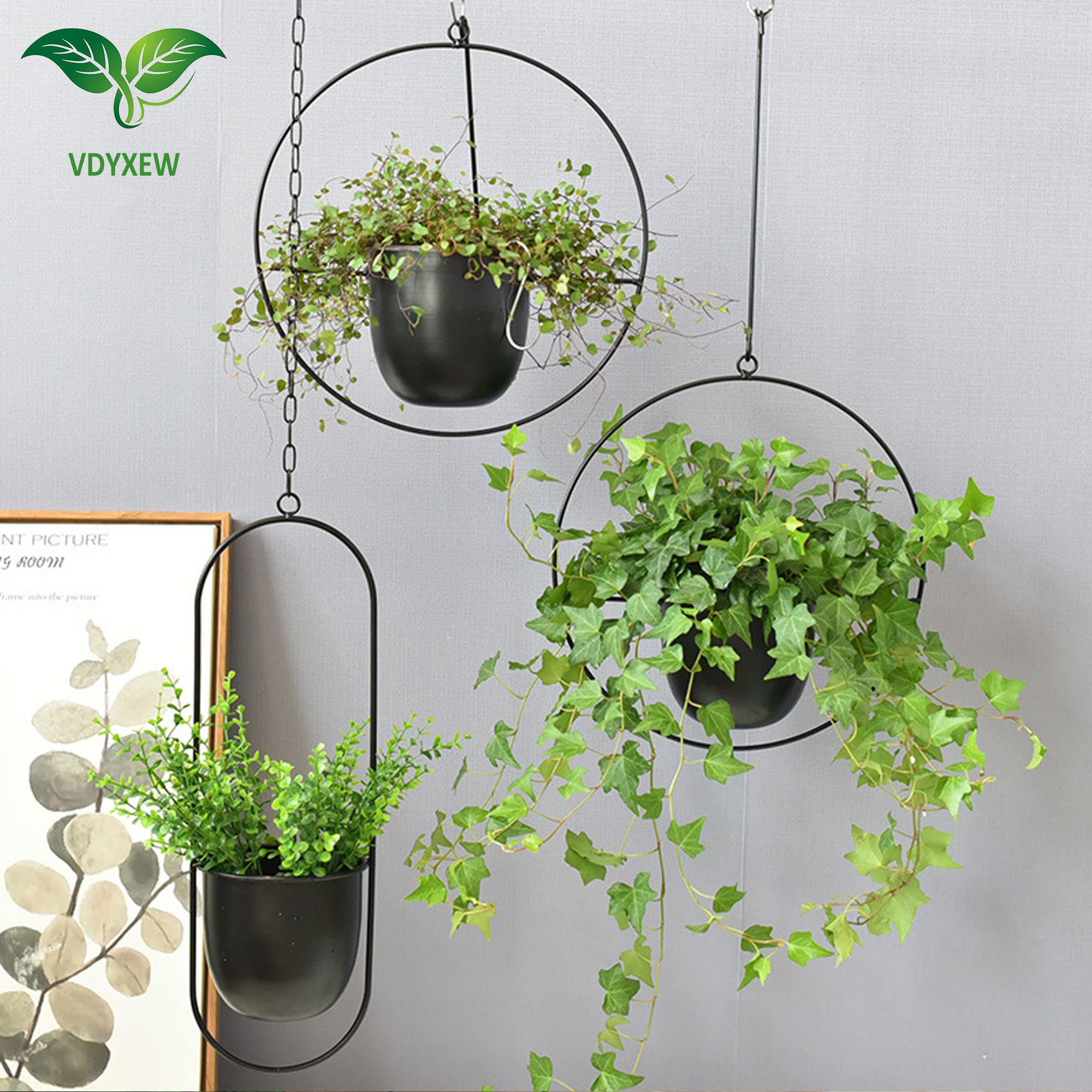 Vdyxew black matte metal hanging planters with circular frames and hooks for indoor and outdoor hanging flower pots