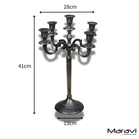 Antique-style veeha candelabra centerpiece with five arms gunmetal silver finish and ornate scrollwork design