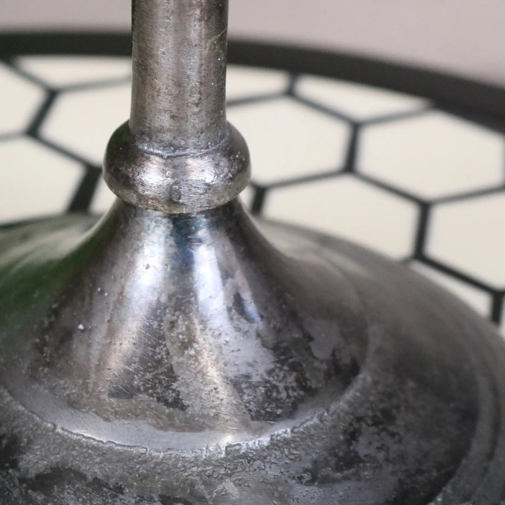 Silver-toned gunmetal silver veeha candelabra centerpiece lamp base with textured finish and hexagonal grid background