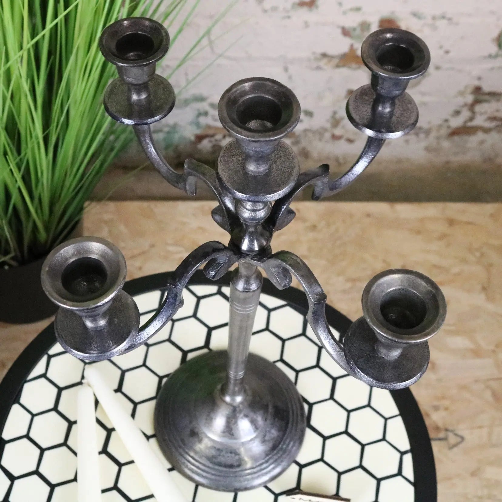 Antique-style veeha candelabra centerpiece with five ornate arms in gunmetal silver metal for elegant decor