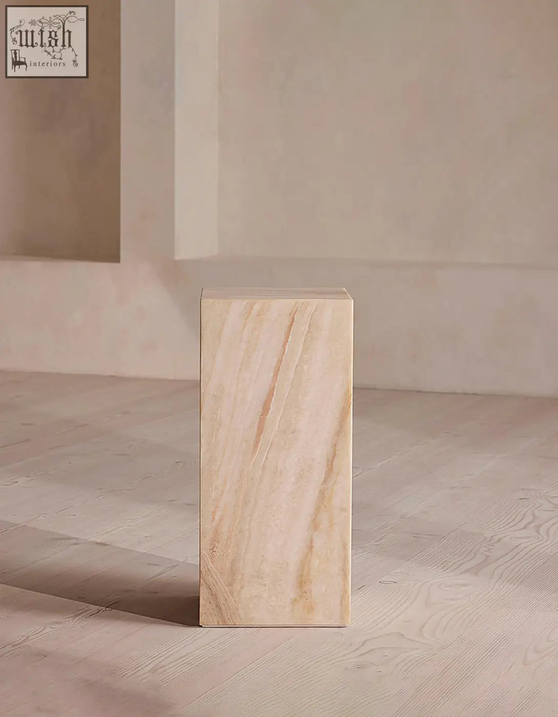Beige marble plinth with subtle veining and smooth polished surface perfect for minimalist design shipping cost applies