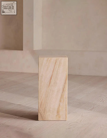 Beige marble plinth with subtle veining and smooth polished surface perfect for minimalist design shipping cost applies