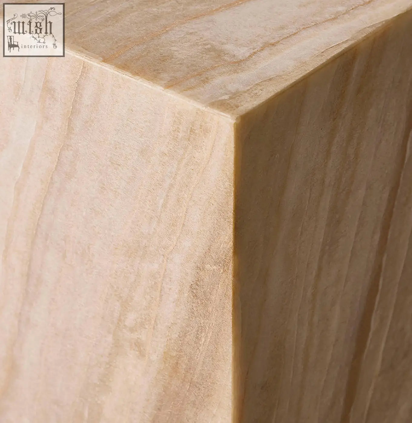Beige marble plinth side table vega with smooth polished surfaces and natural veining in minimalist design