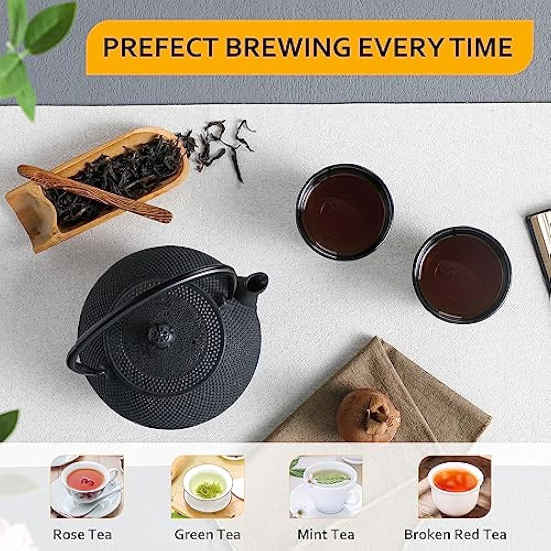 Black cast iron teapot with textured surface and curved handle from velaze iron teapot set with stainless steel infuser