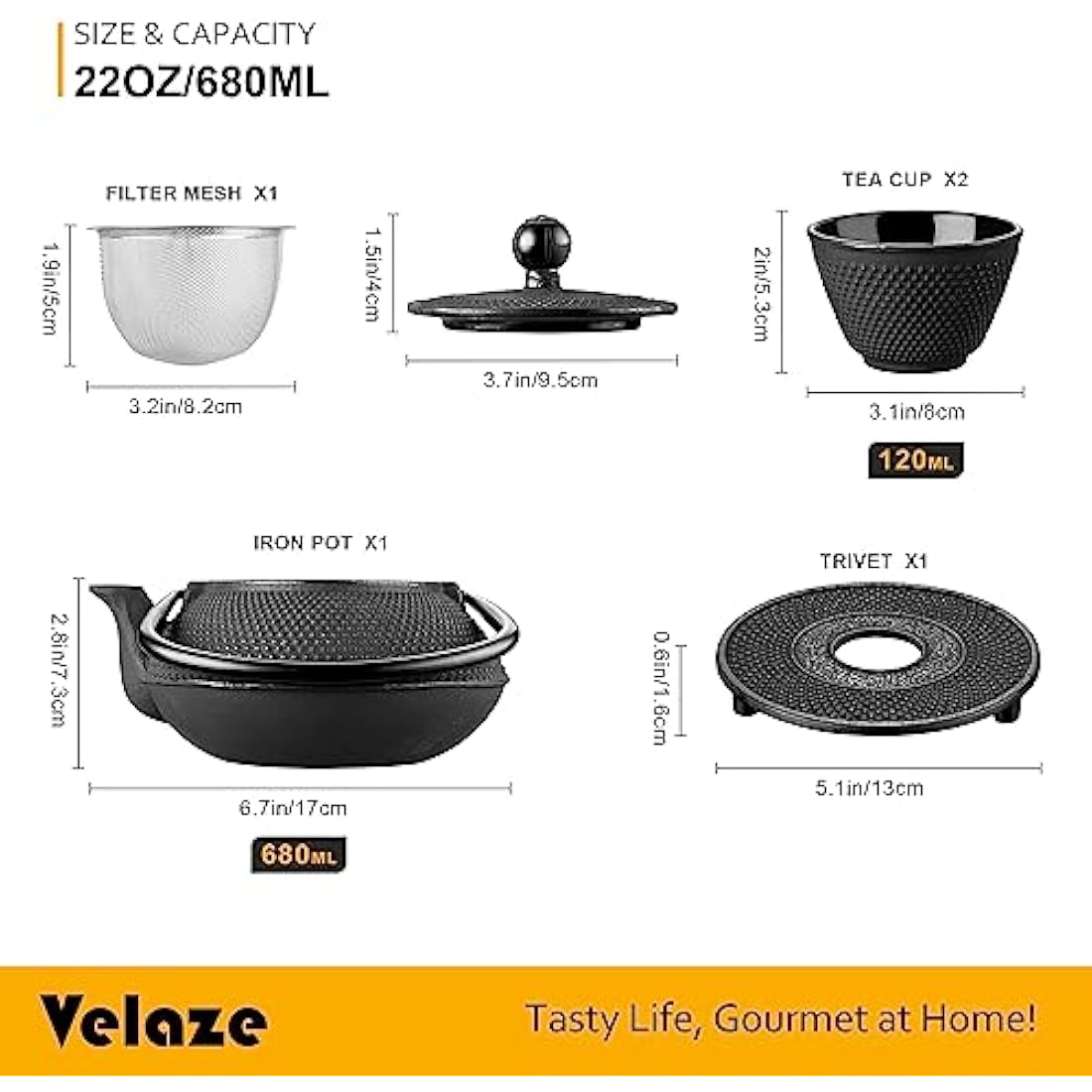Black cast iron iron teapot set with textured surface stainless steel infuser two cups and trivet for tea brewing