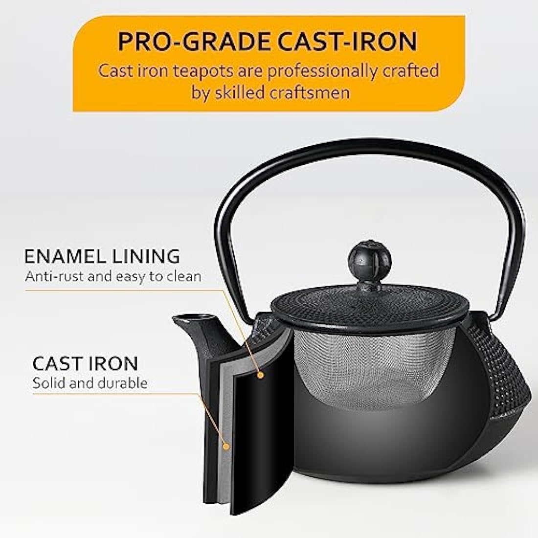 Black cast iron teapot with enamel lining and mesh infuser from velaze iron teapot set for traditional tea brewing