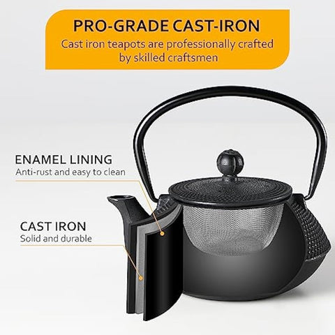 Black cast iron teapot with enamel lining and mesh infuser from velaze iron teapot set for traditional tea brewing