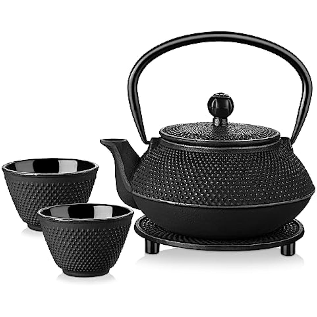 Black cast iron iron teapot set with textured surface stainless steel infuser matching cups and trivet stand tray