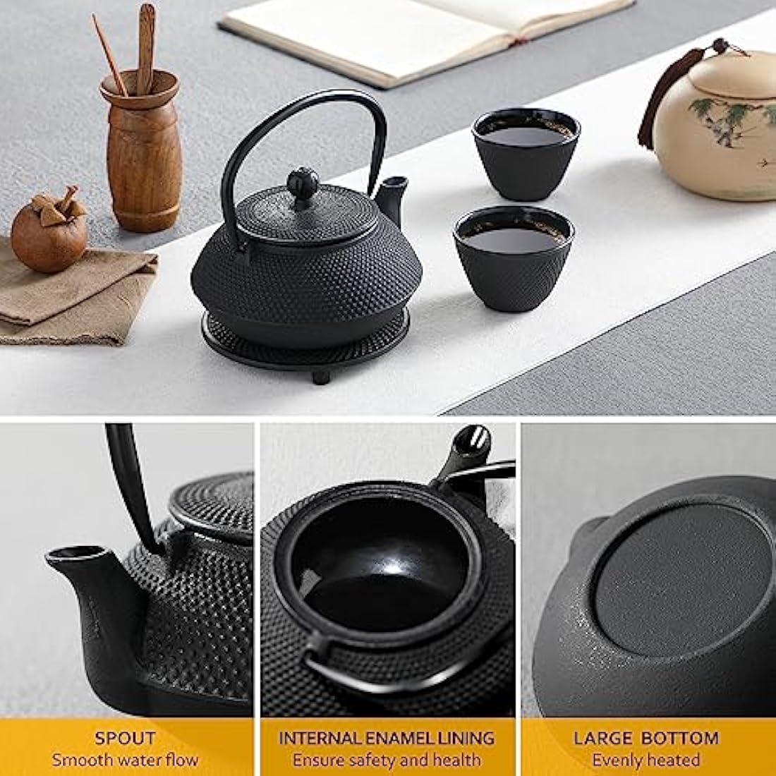 Black cast iron teapot with a hammered finish and sturdy handle from velaze iron teapot set with stainless steel infuser
