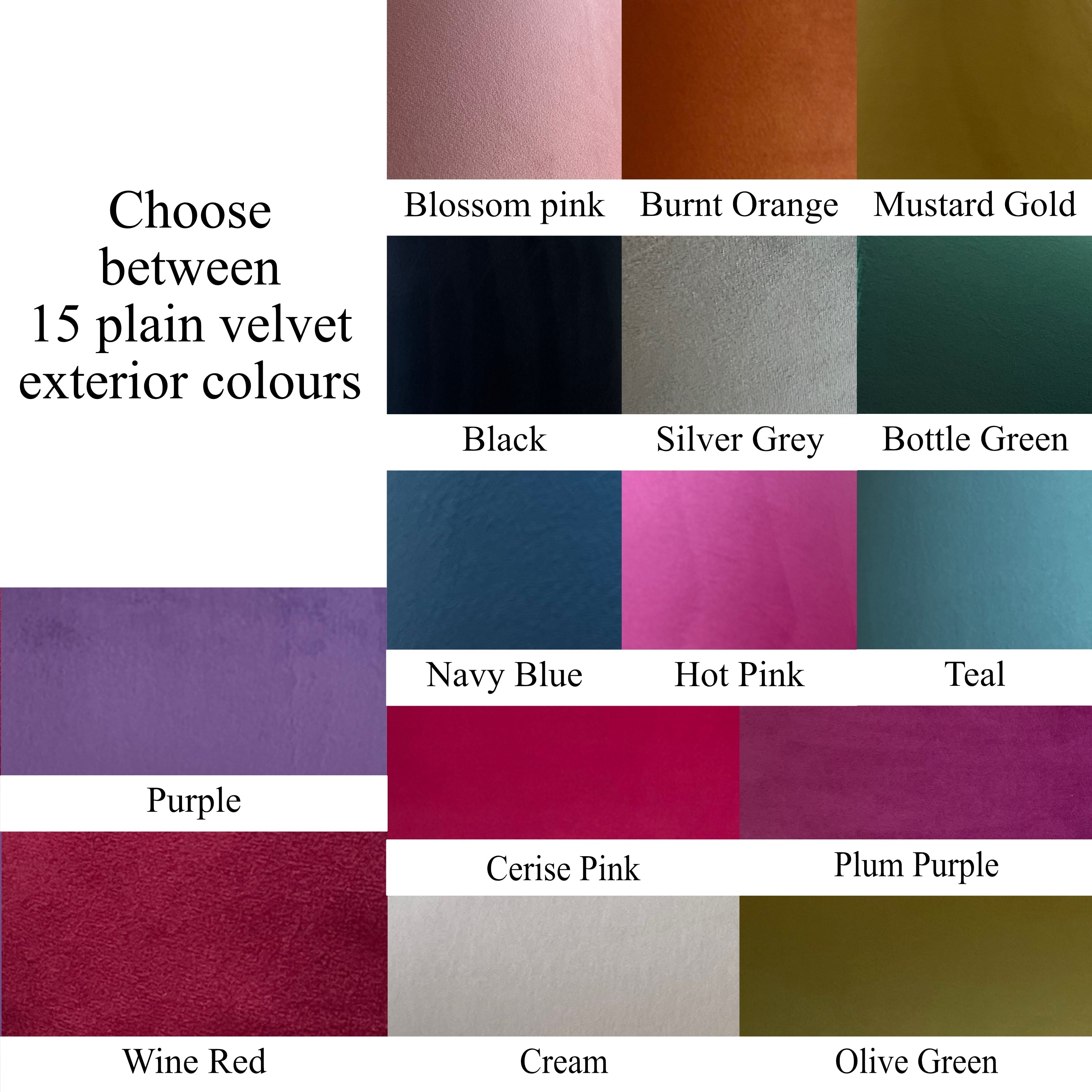 A selection of 15 plain velvet colors for customizing a double sided drum lampshade ceiling light shade