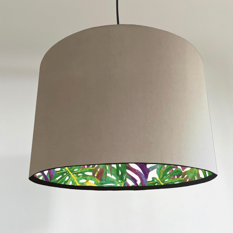 Beige velvet double sided drum lampshade with vibrant tropical leaf pattern inside ceiling light shade uk handcrafted