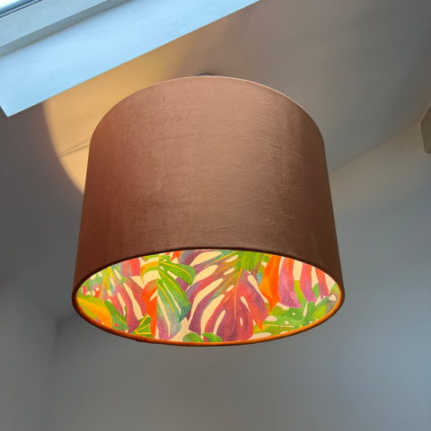 Brown velvet double sided drum lampshade with vibrant colorful tropical leaf pattern for ceiling light shade