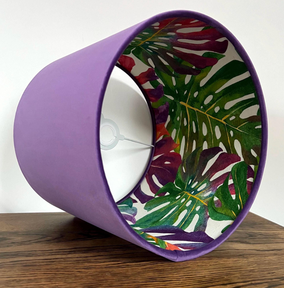Velvet purple double sided drum lampshade with vibrant tropical leaf pattern inside for ceiling light shade