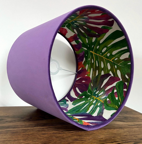 Velvet purple double sided drum lampshade with vibrant tropical leaf pattern inside for ceiling light shade