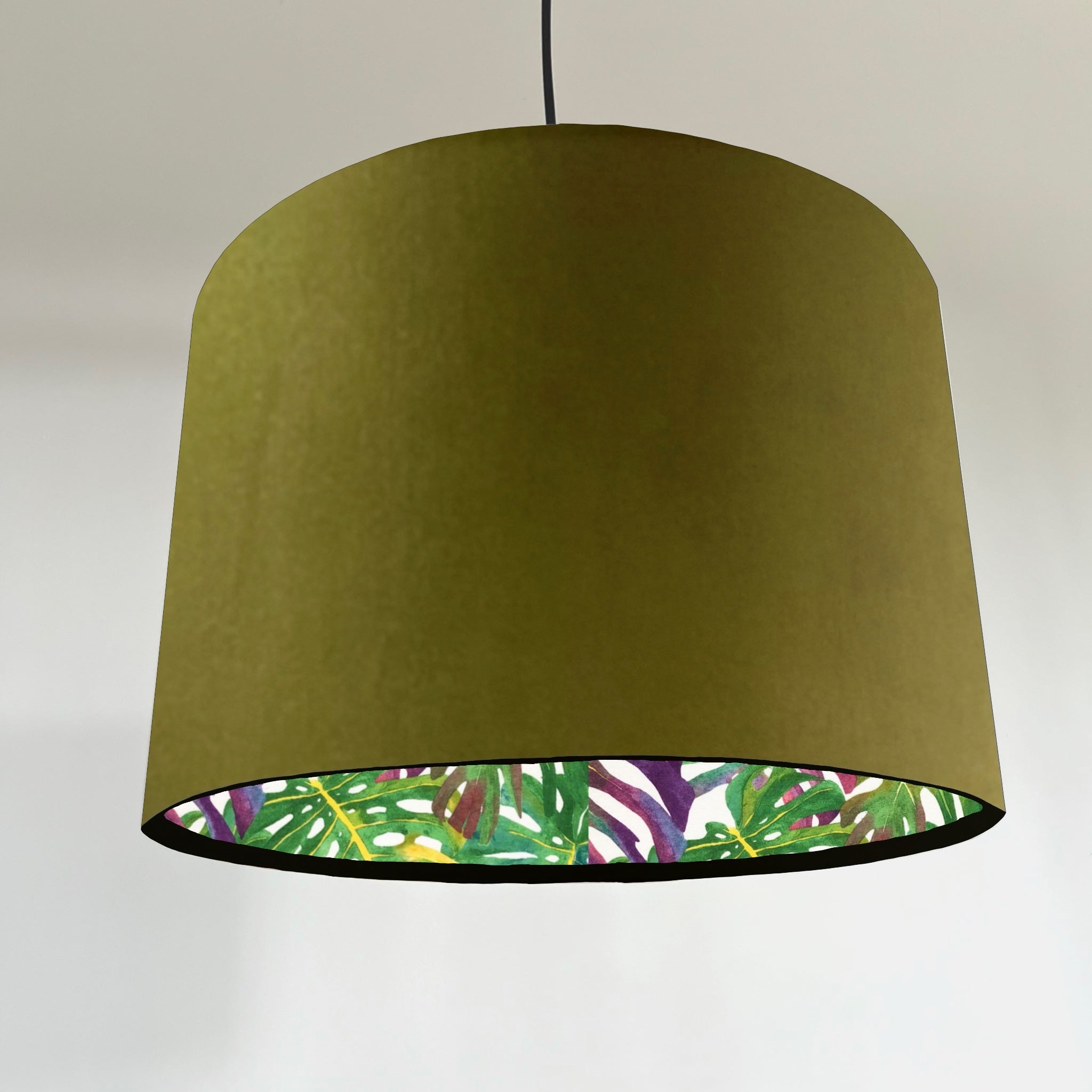 Olive green velvet double sided drum lampshade with vibrant tropical leaf pattern ceiling light shade uk handmade