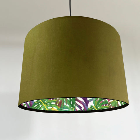 Olive green velvet double sided drum lampshade with vibrant tropical leaf pattern ceiling light shade uk handmade