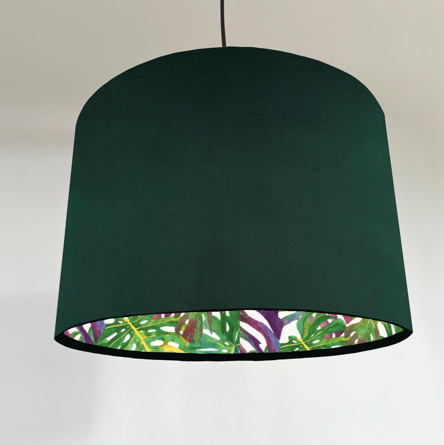 Dark green velvet double sided drum lampshade with vibrant tropical leaf pattern ceiling light shade uk handcrafted