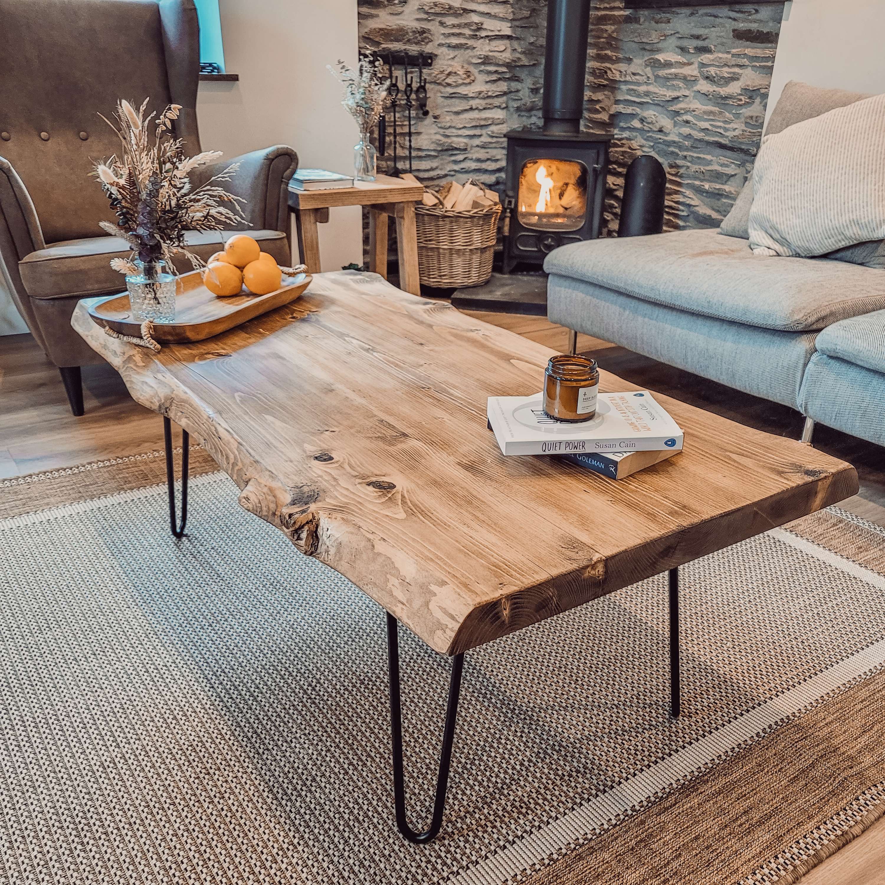 Rustic vena live waney edge coffee table with natural wood top and black hairpin legs perfect edge coffee table