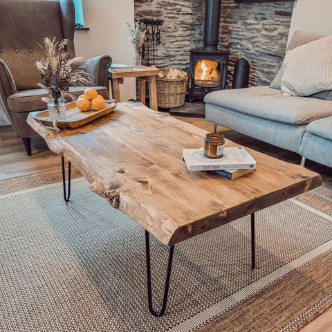 Rustic vena live waney edge coffee table with natural wood top and black hairpin legs perfect edge coffee table