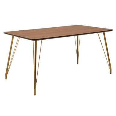 Veneto dining table with natural wood effect top and warm brown wood surface with slender gold hairpin legs