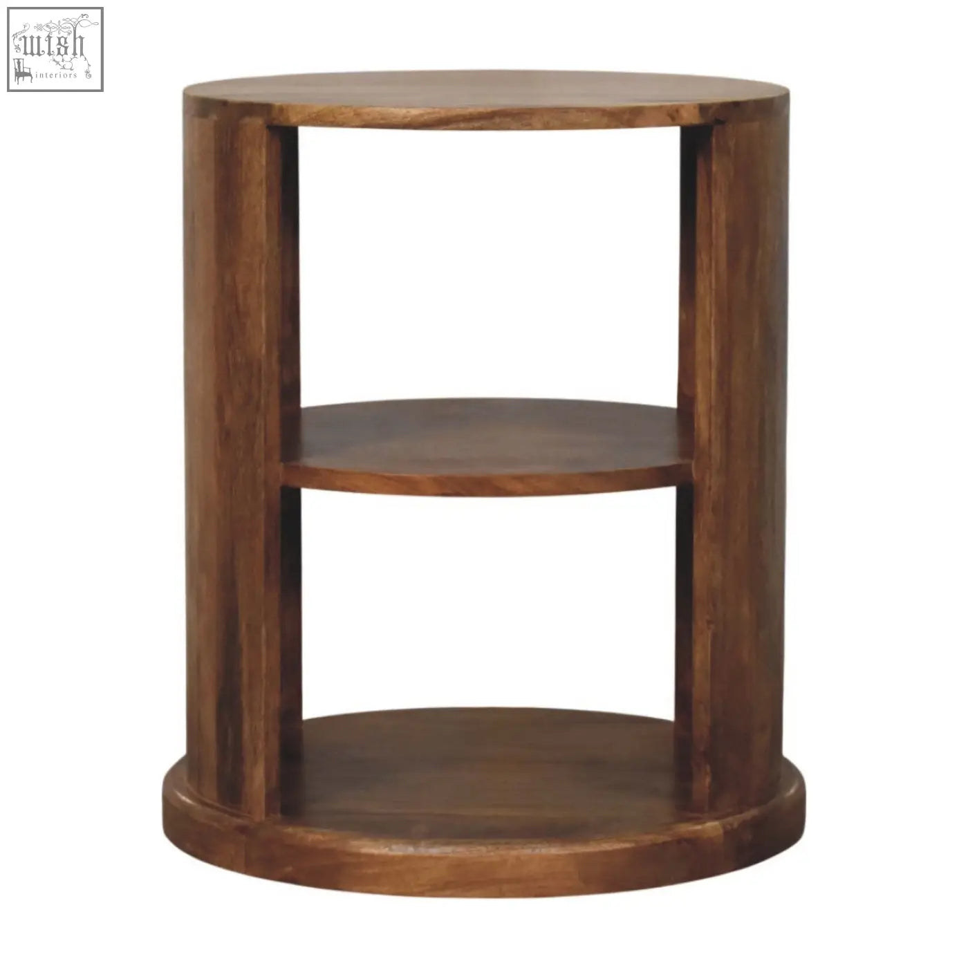 Dark brown wooden cylindrical side table ventura open round side table with two circular shelves for storage