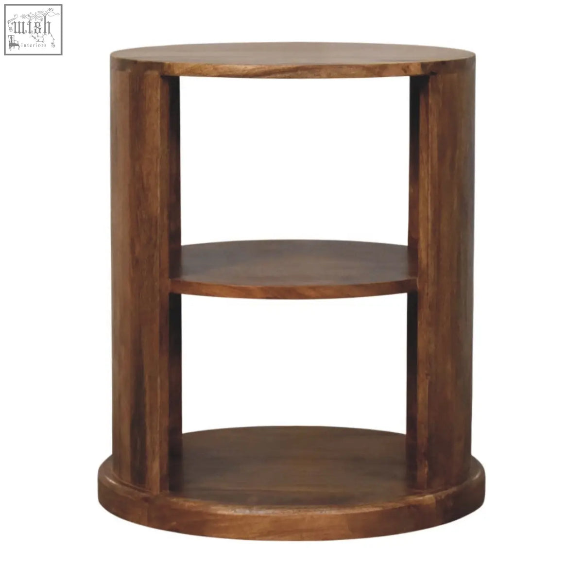 Dark brown wooden cylindrical side table ventura open round side table with two circular shelves for storage