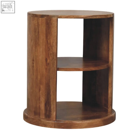 Ventura open round side table rustic cylindrical wooden side table with two open shelves and natural wood finish