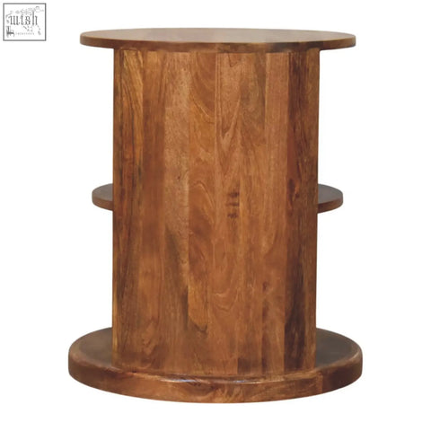 Ventura open round side table rustic cylindrical wooden side table with warm brown finish and visible grain patterns
