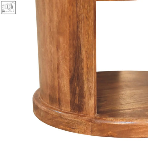 Ventura open round side table warm-toned wooden cylindrical leg with smooth polished finish and natural grain