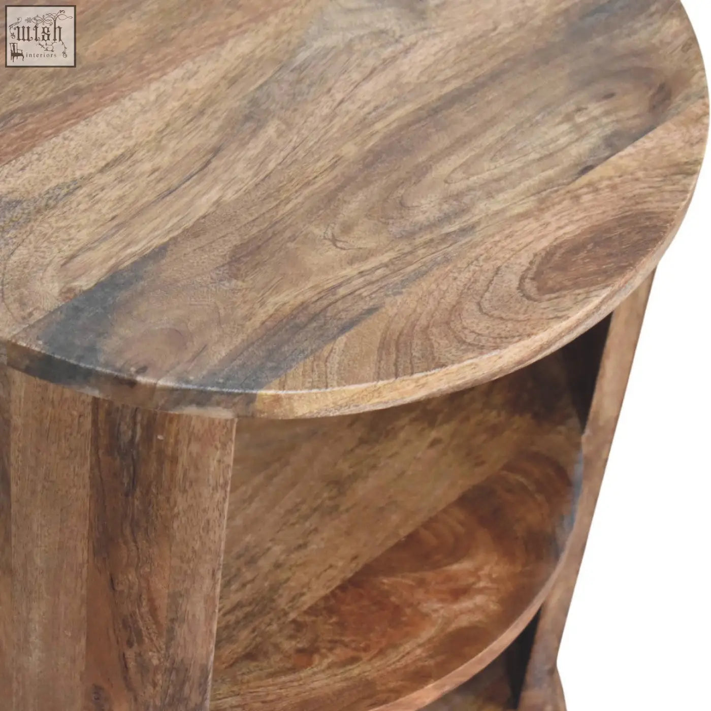 Ventura open round side table with natural rustic finish and visible wood grain patterns in warm wood tone