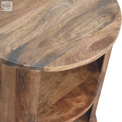Ventura open round side table with natural rustic finish and visible wood grain patterns in warm wood tone