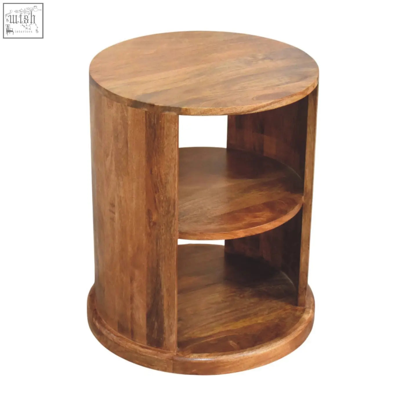 Ventura open round side table made of natural wood with two circular shelves for extra storage space