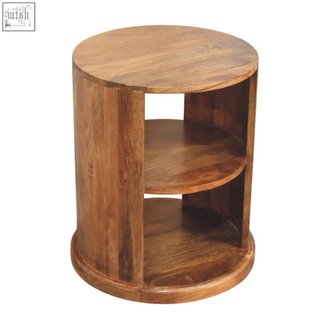 Ventura open round side table made of natural wood with two circular shelves for extra storage space