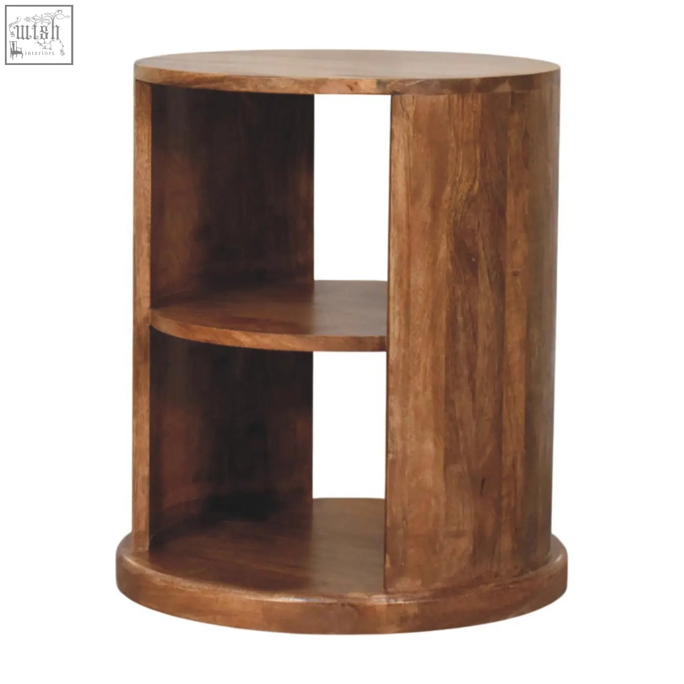 Ventura open round side table with two shelves in natural wood finish perfect for living room storage