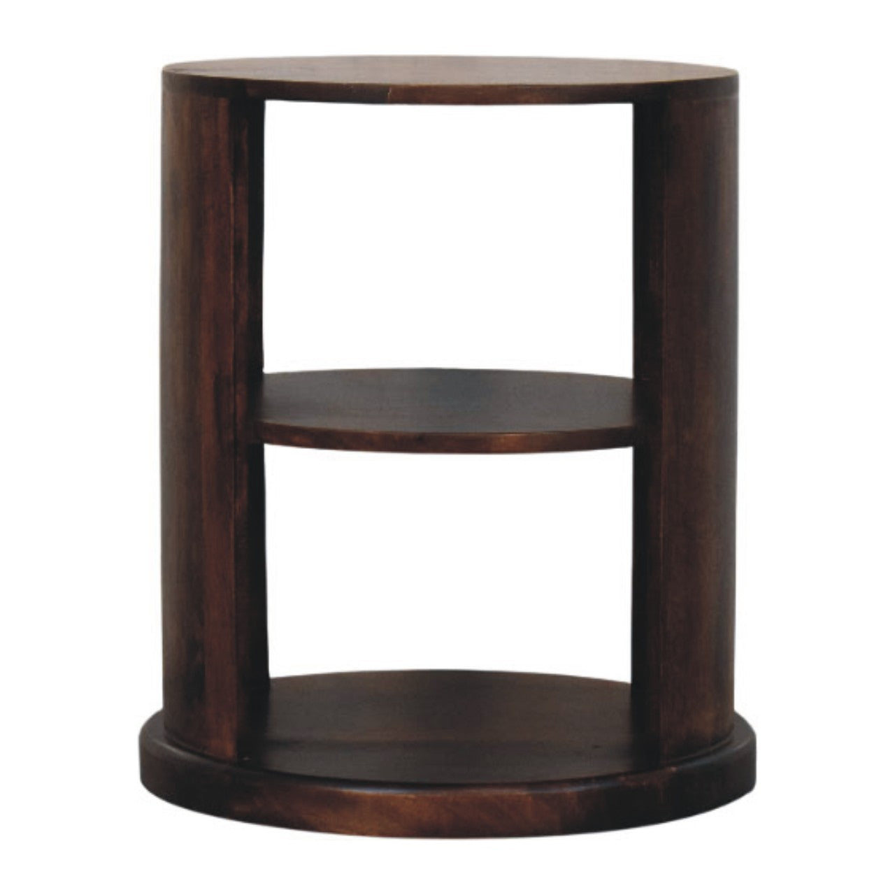 Dark brown cylindrical wooden ventura side table with two circular shelves perfect as an accent piece