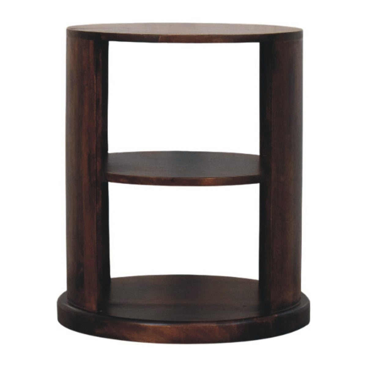 Dark brown cylindrical wooden ventura side table with two circular shelves perfect as an accent piece