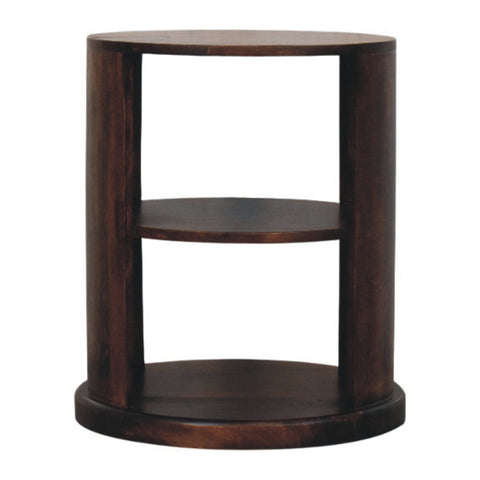 Dark brown cylindrical wooden ventura side table with two circular shelves perfect as an accent piece
