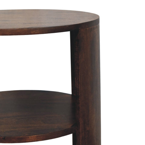 Dark brown wooden ventura side table with circular top and lower shelf perfect as an accent piece