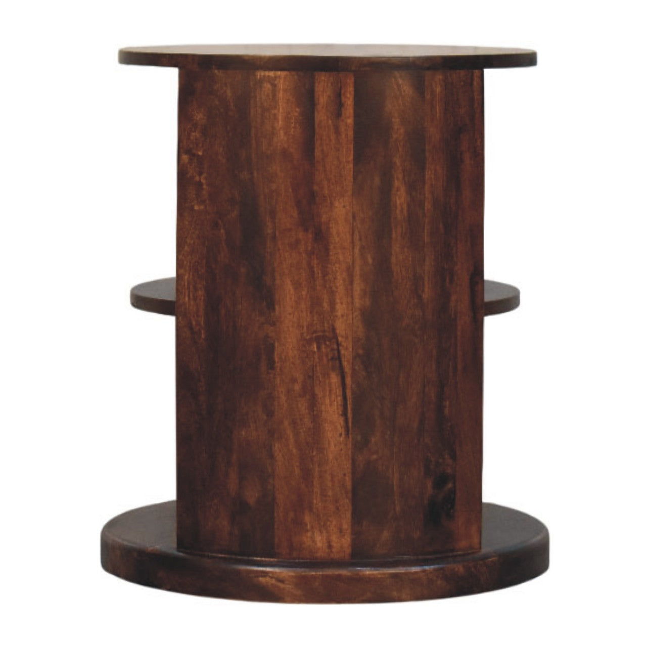 Dark brown wooden cylindrical side table with two circular shelves ventura side table accent piece