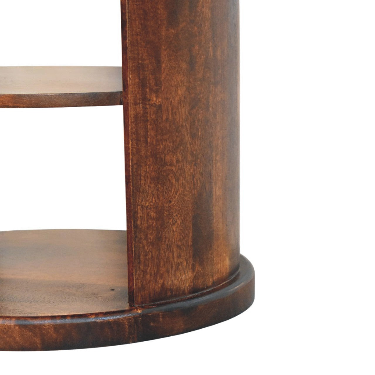 Dark brown wooden ventura side table with smooth polished finish and two circular shelves for accent decor