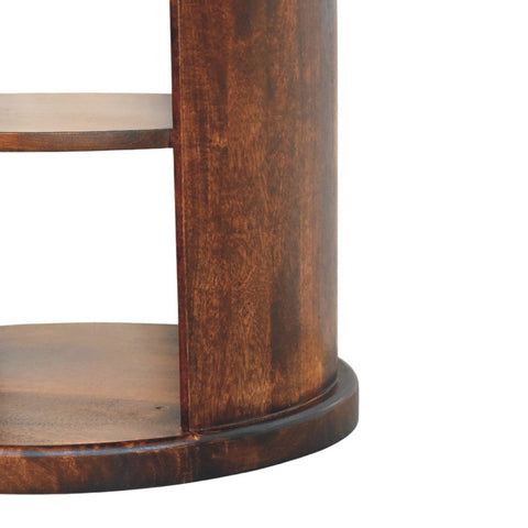 Dark brown wooden ventura side table with smooth polished finish and two circular shelves for accent decor