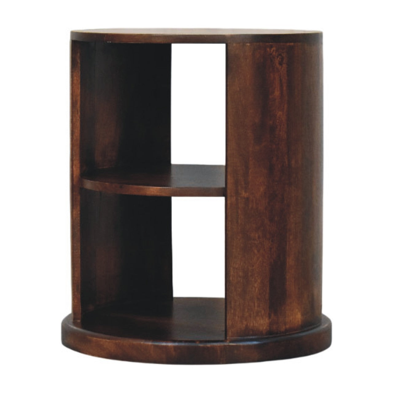 Dark brown wooden cylindrical ventura side table with two open shelves perfect for small spaces or accents