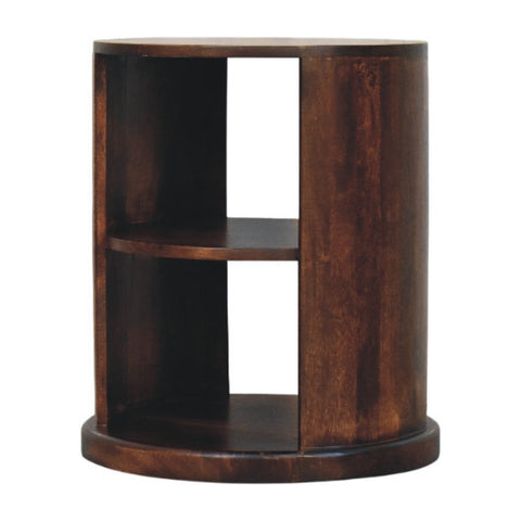 Dark brown wooden cylindrical ventura side table with two open shelves perfect for small spaces or accents