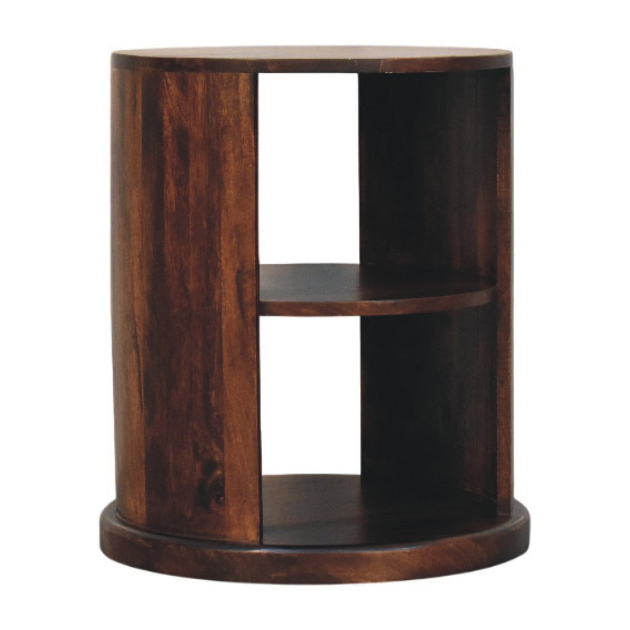 Dark brown wooden cylindrical side table with two open shelves perfect for small spaces and modern decor