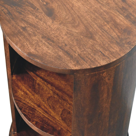 Ventura side table with rich brown wood, curved top, and visible grain pattern for stylish accent decor