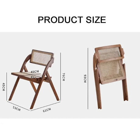 A sleek vera foldable rattan dining chair made of rubber wood with a woven cane seat and backrest