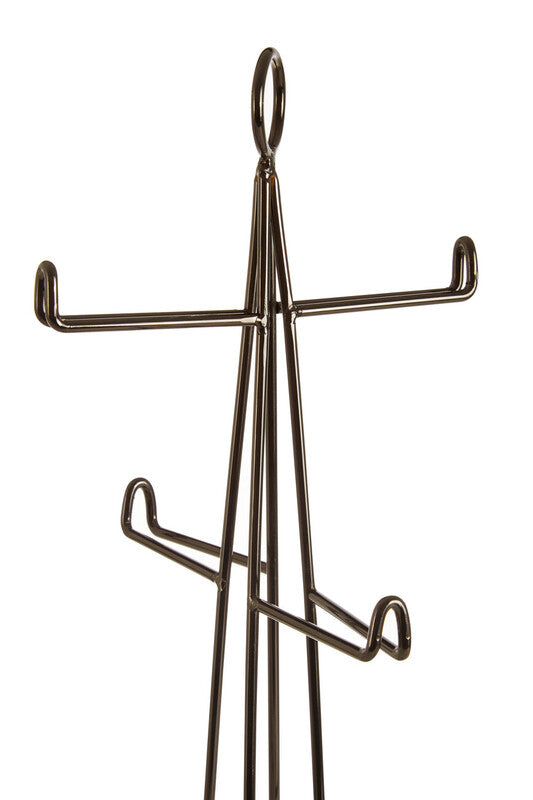 Black metal coffee cup rack with four curved hooks and a circular top loop in vertex black nickel finish