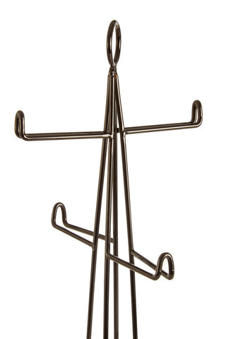 Black metal coffee cup rack with four curved hooks and a circular top loop in vertex black nickel finish
