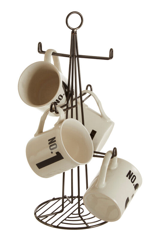White ceramic mugs with no text hanging on a vertex black nickel finish 6 cup mug tree with black nickel rack